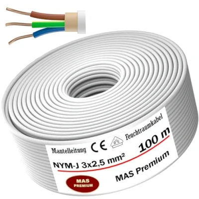 Imagen de MAS Premium cable de alimentación para ambientes húmedos, 5 200 m, NYM J 3 x 1, 5, 2,5, 4, 6 o 10, anillo eléctrico instalación fija (NYM 2, mm², 100