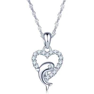Imagen de Infinito U elegante corazón delfín 925 Plata de ley chapado en rodio Zirconi cúbico colgante collar para las mujeres/niñas,