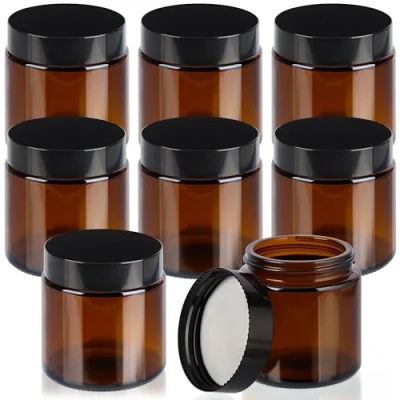 Imagen de Belle Vous Set de Botes Rellenables 8x Tarros Redondos Vidrio Color Ambar con Tapas Frascos Vacíos a Prueba Fugas 120 ml para Cosmetica Aceites Ungüentos y Maquillaje