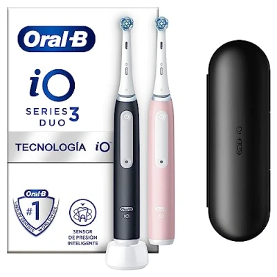 Imagen de Oral B iO 3 Cepillos De Dientes Eléctricos (Pack 2) Con 2 Cabezales, 1 Estuche Viaje, Diseñado Por Braun, Regalos Originales para Mujer Y Hombre Negro Rosa
