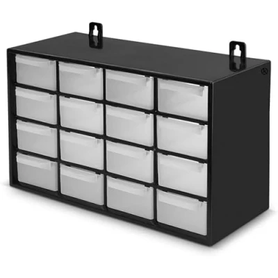 Imagen de KROWN Clasificador Modular de Pared Apilable, 27 x 17 12,5 cm, 16 Cajones, Almacenamiento Pequeñas Herramientas, Tornillos, Marco Polipropileno, Cajones Transparentes (Negro)