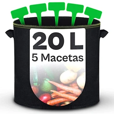 Imagen de Bolsa de Cultivo para Plantas 20L 5 Bolsas Plantar Tela no Tejida con Etiquetas Asa Maceta Geotextil Hierbas, Flores, Fresa