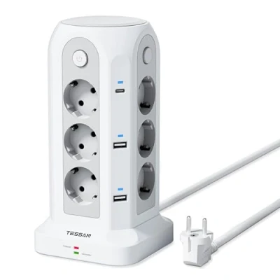 Imagen de TESSAN Regleta Enchufes con Interruptor Individuales, 18 en 1 Ladron 6 USB (2 C), Enchufe Multiple Proteccion Sobretension Cable de 2M, Torre Vertical para Oficina Casa