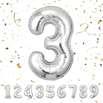 Imagen de Globos de Cumpleãnos 3 Plata,101 CM Globo Numeros Gigantes Grandes Decoracion,Globo Numero 3,Globos Niño Niña Adultos,Vuelan con Helio…