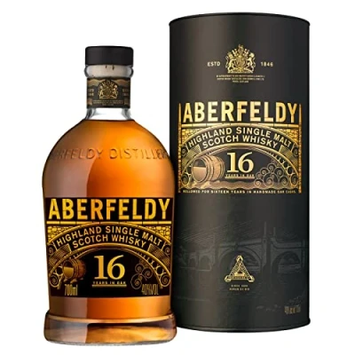 Imagen de Aberfeldy 16 Años Highland Scotch Single Malt Whisky con estuche de regalo, añejado en barricas roble y terminado bourbon jerez Oloroso, 40 % vol., 70 cl / 700 ml