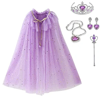 Imagen de skyllc capa de princesa para niños, tul con purpurina niñas, lentejuelas, corona, disfraz halloween (Púrpura)