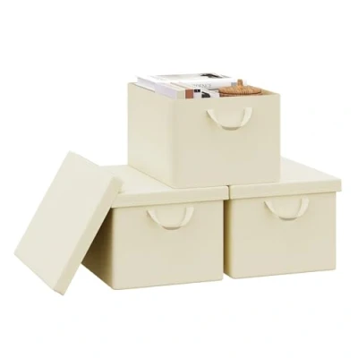 Imagen de WOLTU Cajas de Almacenaje con Tapa, Juego 3 Plegables, Organizadoras Asas, Tela, Cestas Resistentes para Ropa y Juguetes, Crema, 43x26x33 cm, ABB03cm