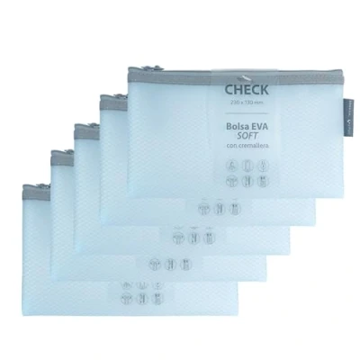 Imagen de Grafoplas Pack de 5 Bolsas con Cremallera EVA Soft Check, Azul Pastel, Tacto Suave, Zipper Bags Hechas Goma EVA, Ideal para Transportar y Proteger Todo Tipo Artículos Documentos