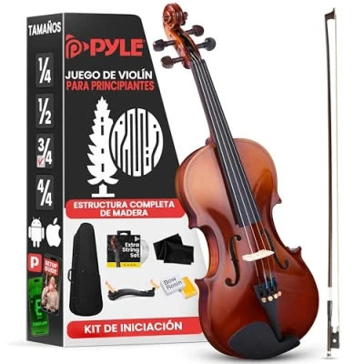 Imagen de Pyle violin 3/4, Set para principiante y niños, Con estuche, Paño de limpieza, Reposabrazos ergonomico, Afinador digital, Cuerdas adicionales