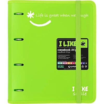Imagen de Grafoplás 88101821. Carpeta 4 Anillas Troqueladas con Recambio, A4, Verde, Polipropileno Semirrígido, Incluye Separadores, Carpebook Like