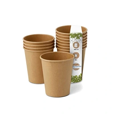 Imagen de GREENBOX Vasos desechables biodegradables, de papel, con revestimiento PLA, 50 unidades, marrón, sin teñir, 200 ml