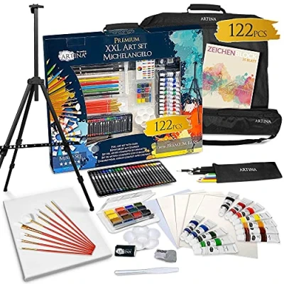 Imagen de Artina Michelangelo Kit de pintura XXL con caballete, 122 unidades, gran Set acrílica lápices, lienzo, conjunto pinceles, pinturas acrílicas, acuarelas, tizas pastel para