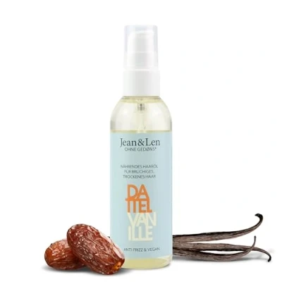 Imagen de Jean &amp; Len Aceite nutritivo de dátil y vainilla con efecto anti frizz, para cabello seco quebradizo, facilita el peinado, aroma a vainilla, sin siliconas ni parabenos, vegano, 100 ml