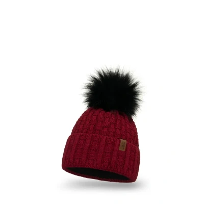 Imagen de Vivisence Gorro Invernal para Mujeres De Punto Elegante con Corte Clásico Hecho Hilo Cálido Pompón Y Forro Interior Ideal Los Días Fríos Invierno, Granate,Talla Única