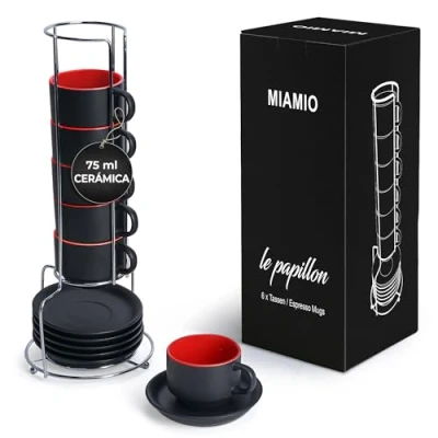 Imagen de MIAMIO 6 x 75 ml Tazas Cafe Espresso De Cerámica Gres Juego Café con Plato Le Papillon Colección (Rojo)