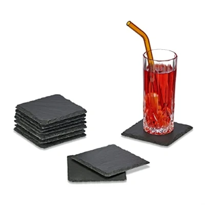 Imagen de Relaxdays 10er Schiefer Untersetzer 10x10 cm Posavasos de Pizarra, Set 10, Apoyavasos para Bebidas Cuadrados, 10 x cm, Platos Sushi, Antracita