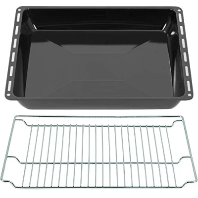 Imagen de ICQN 465 x 370 60 mm Juego de bandejas horno y rejilla, bandeja grasa esmaltada para cocina, apta Bosch Siemens Neff Constructa, resistente a los arañazos al óxido, 46,5 37 cm