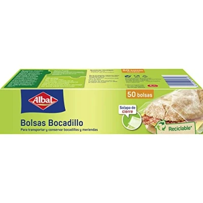 Imagen de Albal bolsas Bocadillo porta alimentos para transportar y conservar bocadillos meriendas, comida con solapa de cierre, reciclables, 50 1L