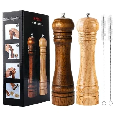 Imagen de BINHAI Molinos de Pimienta, Molinillo Sal y Madera Maciza con cerámica Ajustable Fuerte 8 Pulgadas