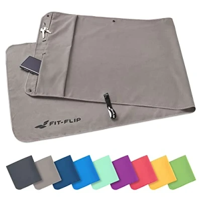 Imagen de Fit Flip Juego de Toallas Fitness con Compartimento Cremallera + Clip magnético, Toalla Multi Funcional Pendiente Patente, Microfibra Gris