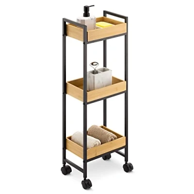 Imagen de Navaris Carrito Auxiliar con Ruedas Carro de almacenaje para baño Cocina Limpieza Cajonera Multiusos 3X cajón bambú 27 x 28 82 cm