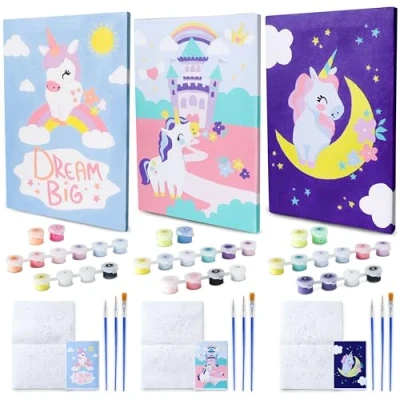 Imagen de BONNYCO Pintar por Numeros Niños Unicornios, Pack 3 Lienzos Unicornios para Niñas, Kit Manualidades Juguetes Regalos Niñas Cuadros Numeros, Unicornio Juguete