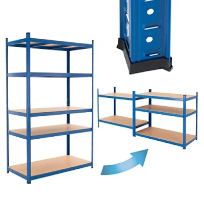 Imagen de ECD Germany Estantería de taller 200x100x60 cm Azul Galvanizada Estante Industrial Resistente Garaje Almacenamiento 5 Baldas MDF Capacidad carga 875kg Banco Metálico sin Tornillos Altura Ajustable