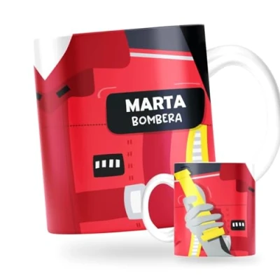 Imagen de DEREGALOOS Taza Original Personalizada con Nombre para Regalar Uniforme Bombero y Bombera de Desayuno Accesorios Bomberos Regalos Bomberos. (Rojo)