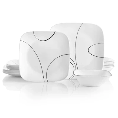 Imagen de Corelle Juego de vajilla 18 piezas, líneas simples, blanco y negro para 6, resistente a las astillas, incluye platos cuadrados 26 cm, ensalada 17 cm cuencos