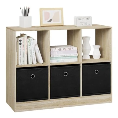 Imagen de WOLTU Estanteria de Libros con 6 Cubos, Almacenamiento 3 Cajones Tela, Estantería Pie para Dormitorio, Salón, Estudio, Oficina, Madera, Roble Claro, 80x30x60 cm, SK033hei