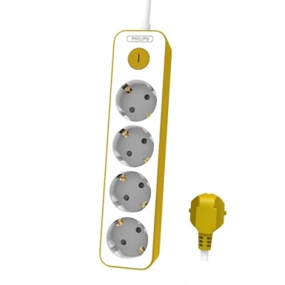 Imagen de Philips Regleta CHP2145Y/10 3 Tomas de Corriente, Cable 1.5 Metros, Interruptor Principal, Incluye Cierre Seguridad Automático, Indicador LED Alimentación Color Blanco/Amarillo