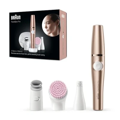 Imagen de Braun FaceSpa Pro Depiladora Eléctrica Facial Mujer Todo en 1 con Cepillo de Limpieza, Base Carga, Funda Portátil, Inalámbrica, 921, Bronce