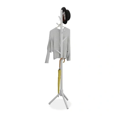 Imagen de Relaxdays Perchero de Pie con 8 Perchas, Madera Haya, Colgador Chaquetas y Abrigos, 173 x 43,5 37 cm, Blanco
