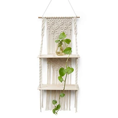 Imagen de Afuly Estanteria Pared Baldas Madera Boho Estante 2 Niveles Macramé Sala Cuarto de Baño Hogar Decoración