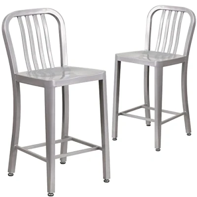 Imagen de Flash Furniture Juego de 2 taburetes, metal, uso interior y exterior, 61 cm alto, respaldo tablillas verticales, calidad comercial, color Plateado