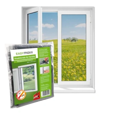 Imagen de EASYmaxx mosquitera para ventanas con cierre de velcro recortable hasta 150x180cm Fácil instalación la sin taladrar ni atornillar, Cinta autoadhesiva Negro