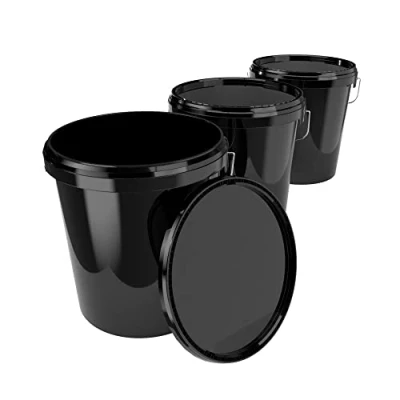Imagen de 3 cubos con tapa de 16 litros, color negro, aptos para alimentos, herméticos y estables, vacíos asa productos químicos paredes pintura en polvo