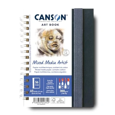 Imagen de Canson Professional Book, Papel Multitécnica, Grano Fino, 300 gsm, Cuaderno Espiral, A5 14,8 x 21 cm, Blanco, 28 hojas