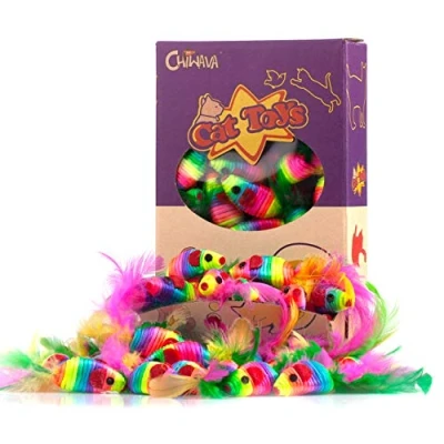 Imagen de Chiwava 24 Piezas 5 &quot;Juguete de Ratón con Pluma y Cuerda Arco Iris para Gatitos Multicolor