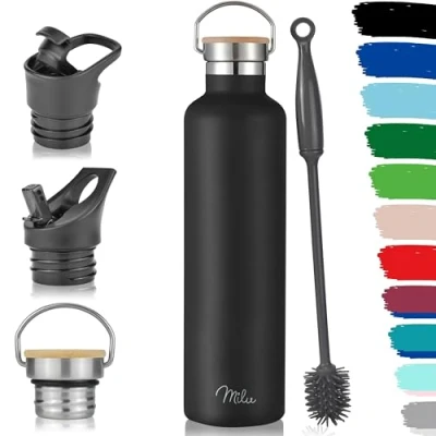 Imagen de Milu Botella de Agua, 500ml, 750ml, 1000ml (+3 Tapas) Acero Inoxidable, Libre BPA, Para Bebidas Calientes, Frías y Carbonatadas (Negro, 1l)