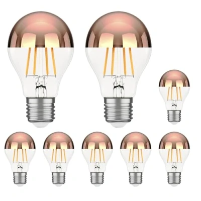 Imagen de ledscom.de 8 piezas bombilla LED E27, A60, blanco cálido (2600 K), 7,5 W, 839lm, espejo de cabeza (oro rosa)