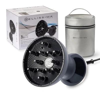 Imagen de Bellissima Diffon Supreme Deluxe, Difusor de Aire Caliente para Cabello Rizado, Tecnología Cerámica Y Queratina, XL, 3 Temperaturas Ionizador, Secado Suave, bolsa belleza, Negro Plata