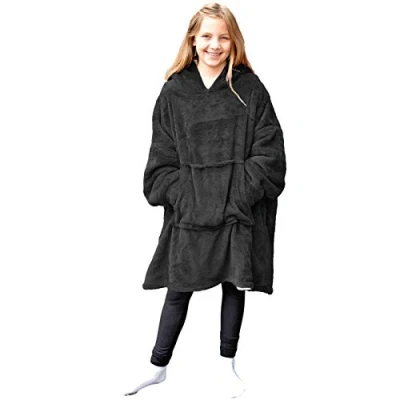 Imagen de HOMELEVEL Sherpa sudadera con capucha para niños, niños y niñas, de gran tamaño, 100% poliéster, Negro, Talla única