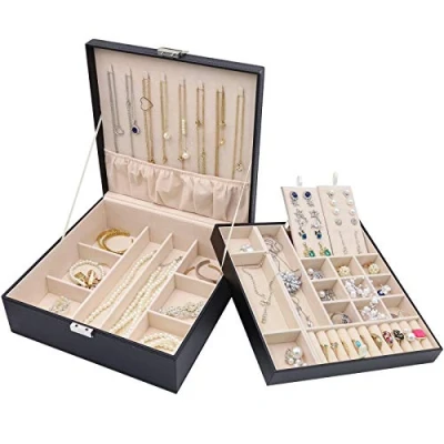 Imagen de Procase Caja Organizadora de Joyas, Almacena Collar Pendientes Pulseras Anillos y otros Accesorios, Estuche Grande Joyero Cuero PU Doble Capa Apilable para Mujer Niña Dama Novia Amiga Negro
