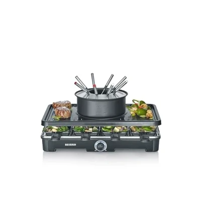 Imagen de SEVERIN Combinación fondue/raclette para 8 personas, parrilla 2 en 1, revestimiento antiadherente, incluye sartenes, raspadores y tenedores fondue, apto lavavajillas, RG 2347