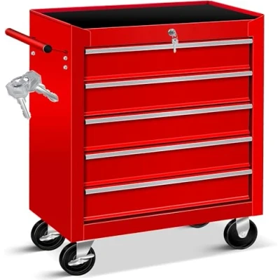 Imagen de Masko® Carro de taller con 5 cajones y cerradura, rojo, metal macizo. herramientas profesional movible sin equipamiento, carrito ruedas para almacenamiento candado