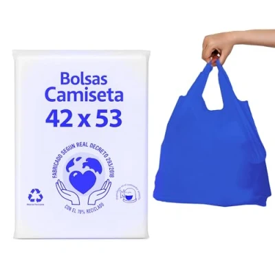 Imagen de DAYMAND STORE Bolsas Plastico de AZULES 70% Reciclado Paquete 50 uds 42x53cm Resistentes Asas Bolsa Galga 200 Camiseta