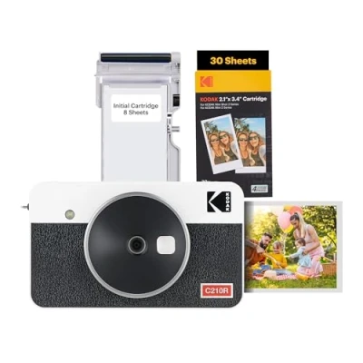 Imagen de KODAK Mini Shot 2 Retro 4PASS en 1 Cámara Instantánea e Impresora de Fotos (5,3x8,6cm) + Pack con 68 Hojas, Blanco
