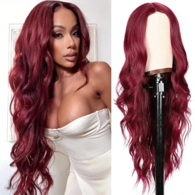 Imagen de PORSMEER Peluca de mujer larga Melena y rizada, Pelucas naturales sintética estilo ondulado resistente al calor, incluye rejilla para el pelo, color rojo