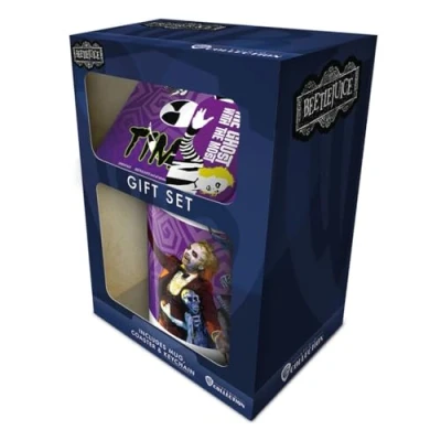 Imagen de Pyramid International Beetlejuice Juego de taza, posavasos y llavero con texto en inglés The Ghost with Most, taza 312 ml, gran coleccionable para los fanáticos, talla única